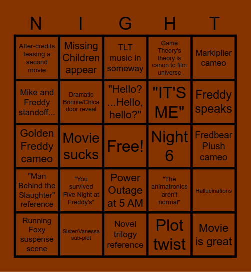 FNAF MOVIE Bingo Card