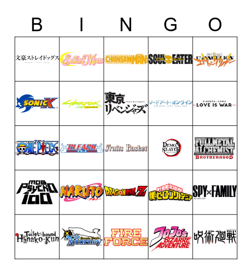 Anime and Manga Club Bingo Card