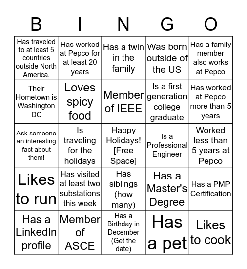 Pepco Holiday Bingo Card