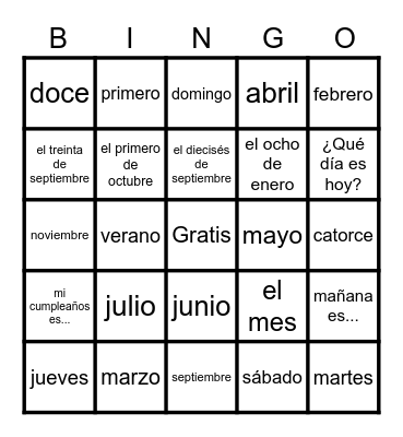 Fechas y Días Bingo Card