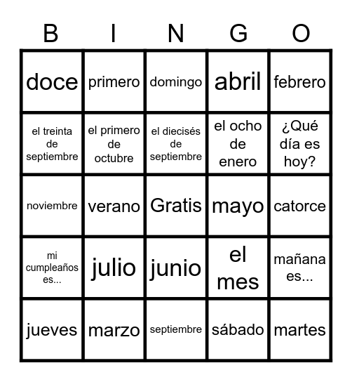 Fechas y Días Bingo Card