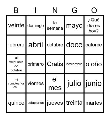 Fechas y Días Bingo Card