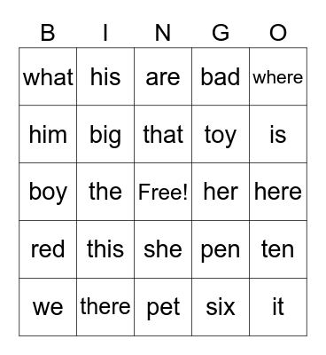 Sight Words Bingo Card