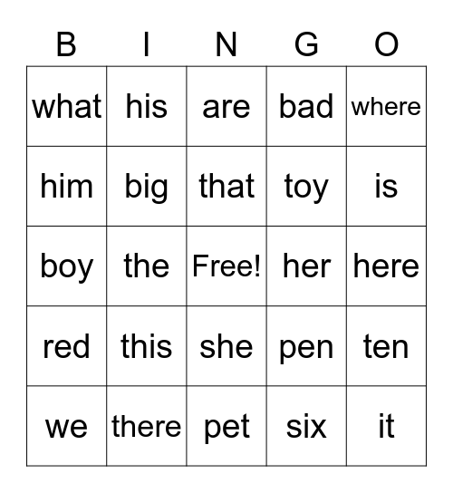 Sight Words Bingo Card
