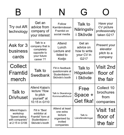 Karriärmässa Framtid Bingo  !IF you get a bingo make sure to go by Info booth and fill in the form for a chance to win the Framtid fair patch! Bingo Card