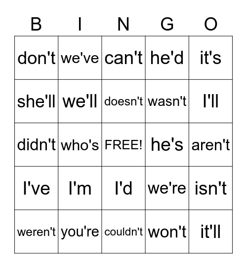 Contraction Bingo Card