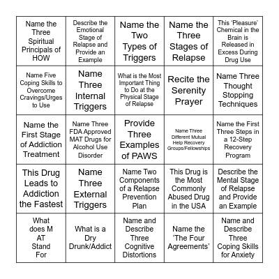 RCI Recovery Bingo Card