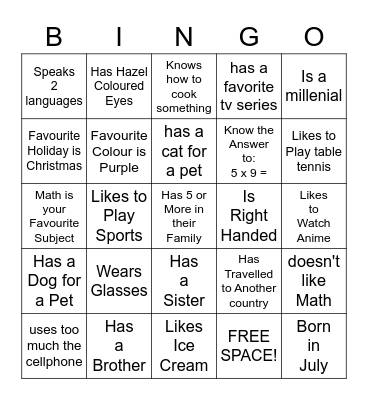 "Get to Know Me" Bingo Card