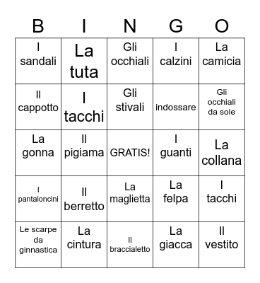 I Vestiti Bingo Card
