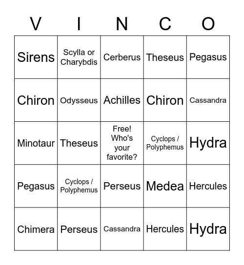Mythology VINCO heroes by name Bingo Card