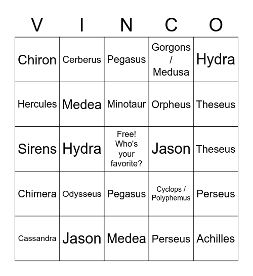 Mythology VINCO heroes by name (updated) Bingo Card