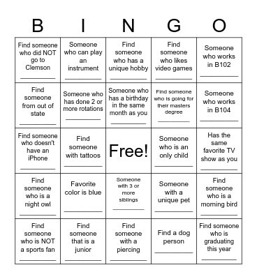 Get to know me Bingo Card