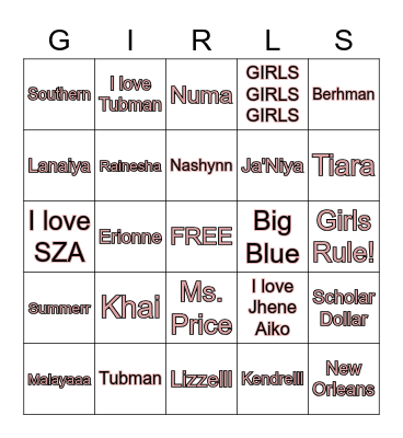 Girls Love Bingo Card