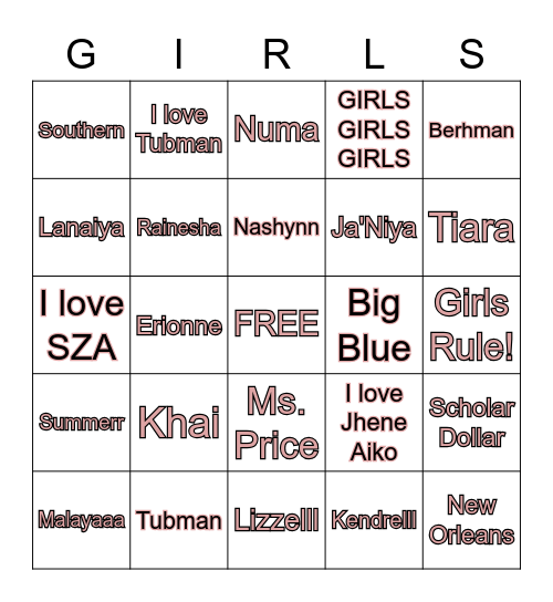 Girls Love Bingo Card