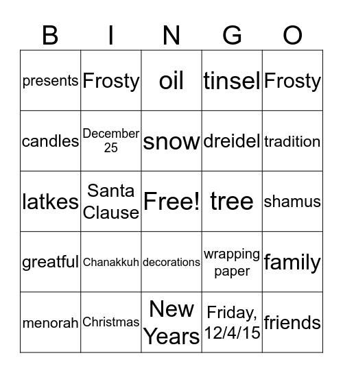 Holiday Bingo Card