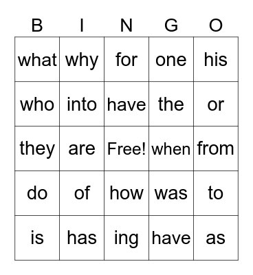 Heart Word Bingo Card