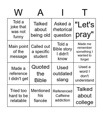 Youth Pastor Bingo Card