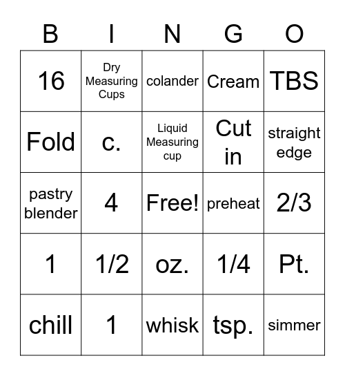 Foods Review Bingo Card