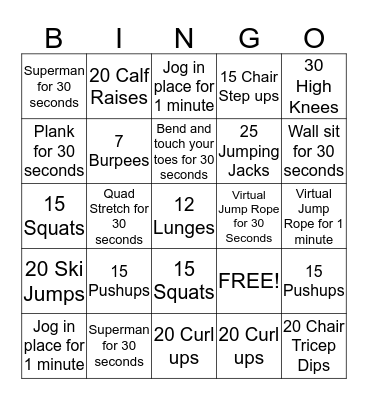 Fitness Bingo Card