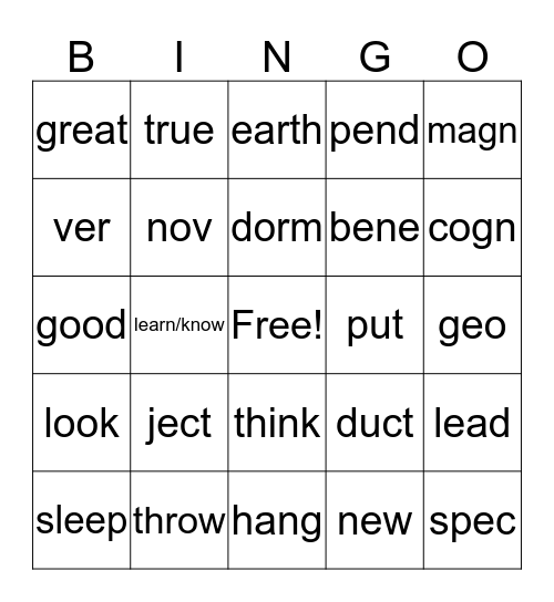 Greek and Latin Stems up to Week 8 Bingo Card