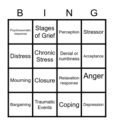 Stress and Coping with loss Bingo Card
