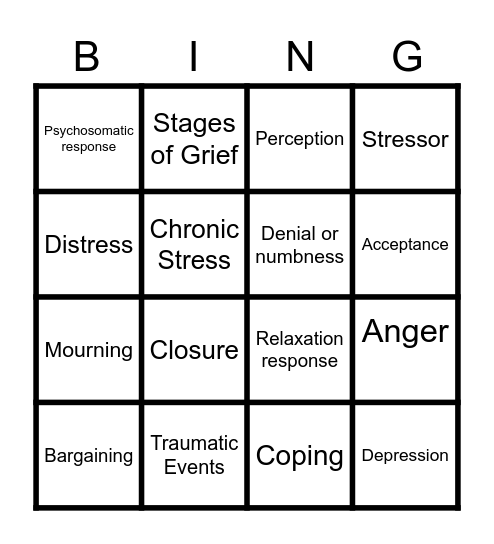 Stress and Coping with loss Bingo Card