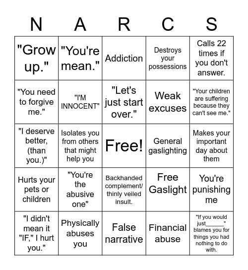 Narcissistic Mom Bingo Card