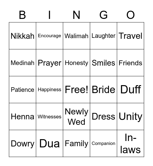 Marriage Bingo Card