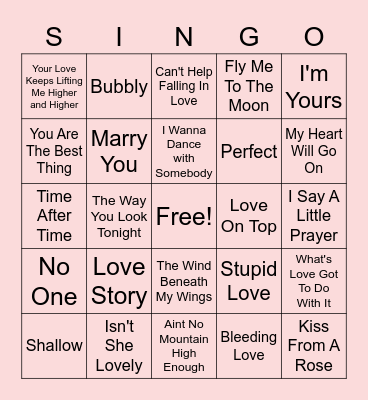 Love Song Singo Bingo Card