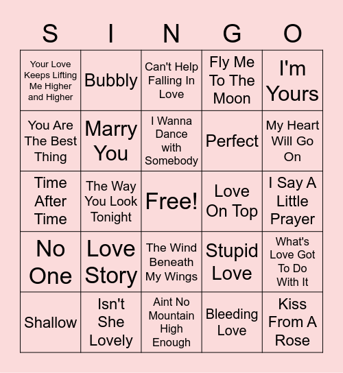 Love Song Singo Bingo Card