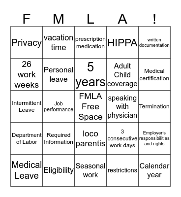 FMLA BINGO Card