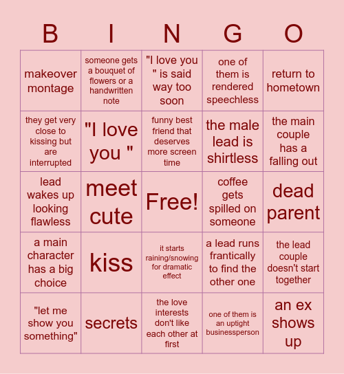 Cheesy Rom Com Bingo Card