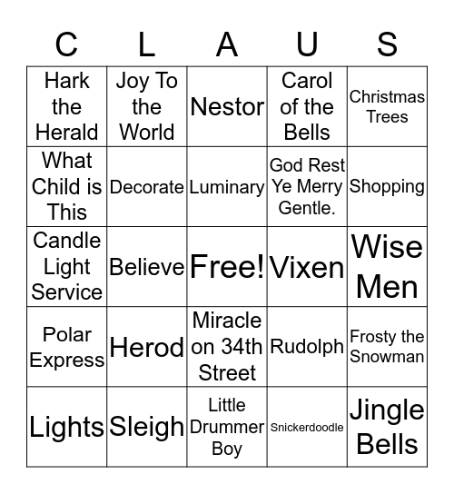 Harris Christmas Bingo Card