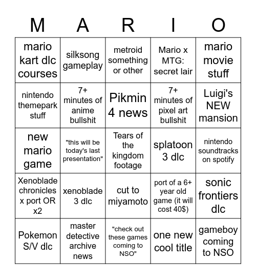 2023 February Nintendo Direct Bingo Card