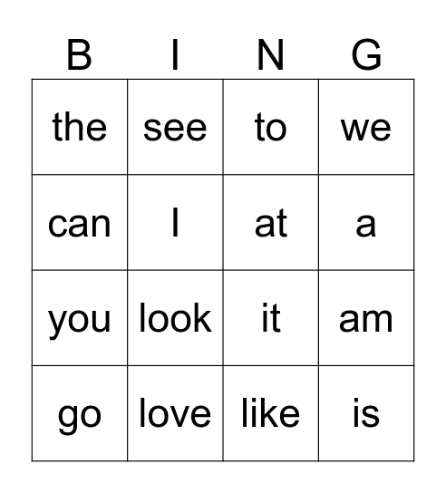 Sight Words Bingo Card