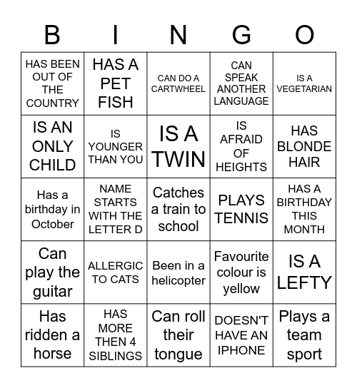 HUMAN SCAVENGER HUNT: Please find a different person and write their name in the box Bingo Card