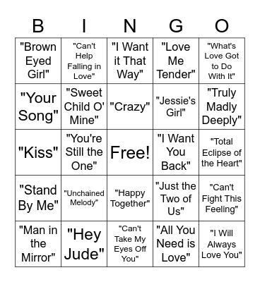 Love Song Bingo Card