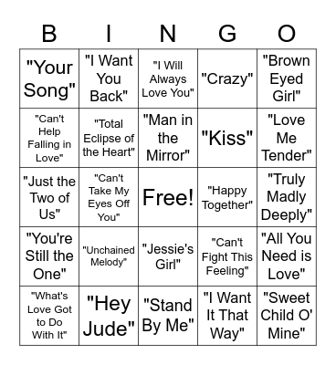 Love Song Bingo Card