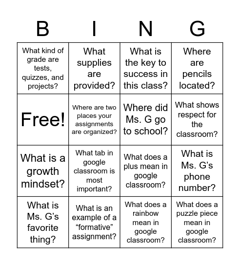 Ms. G's Day One Bingo Card