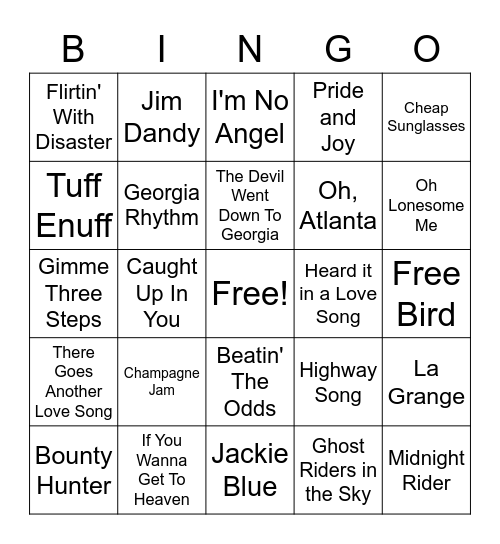 Southern Rock Bingo Card