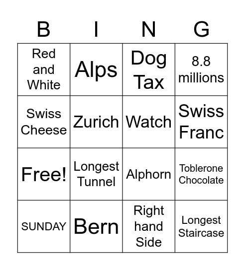 Switzerland Trivia Bingo Card