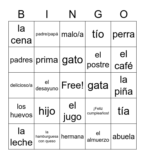 Unidad 3- Vocabulario Bingo Card