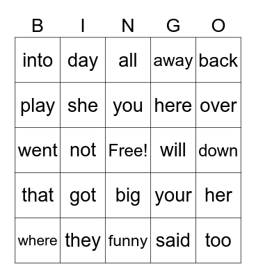Sight Words Bingo Card