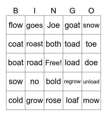 Long O...O,OO,OW,OE Bingo Card