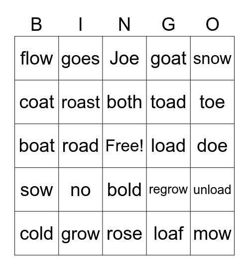 Long O...O,OO,OW,OE Bingo Card