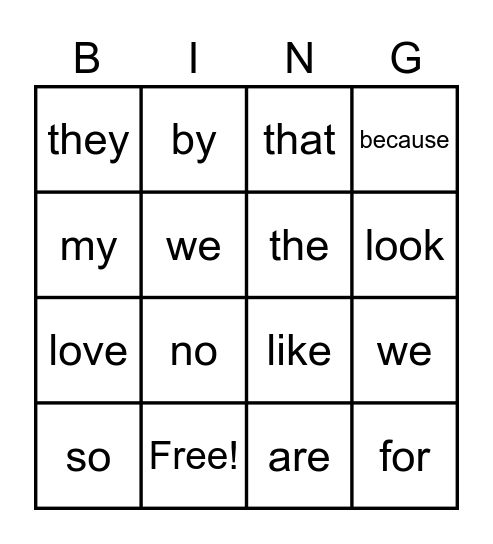 Sight Word Bingo Card