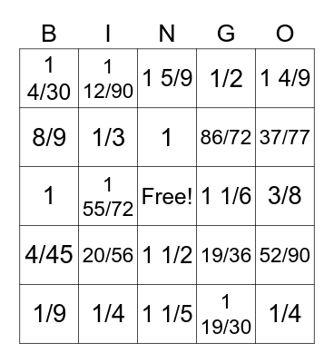 Fraction bingo Card