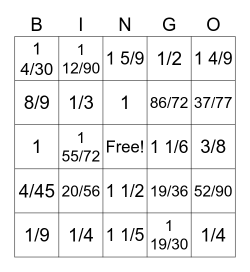 Fraction bingo Card
