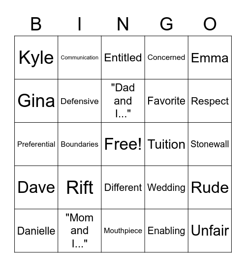 Family Therapy Bingo Card