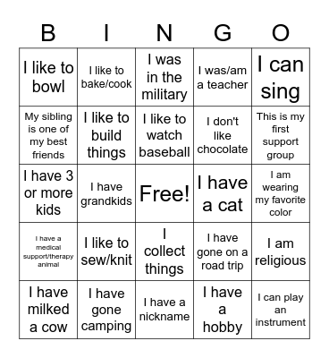 Getting to Know Each Other Support Group Bingo Card
